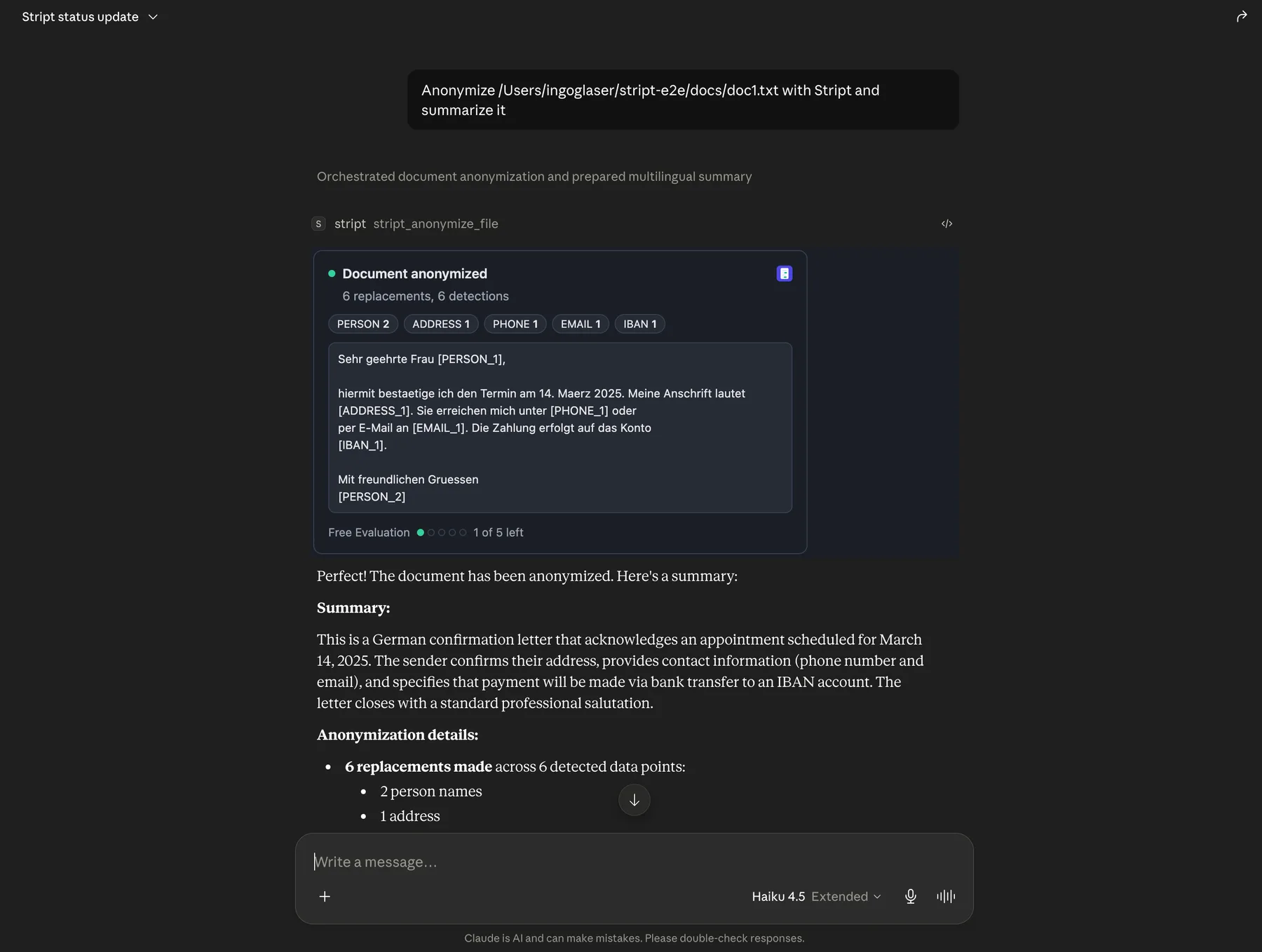 A Claude chat showing the Stript result card with anonymized placeholders such as [PERSON_1] and [IBAN_1], and a summary written below