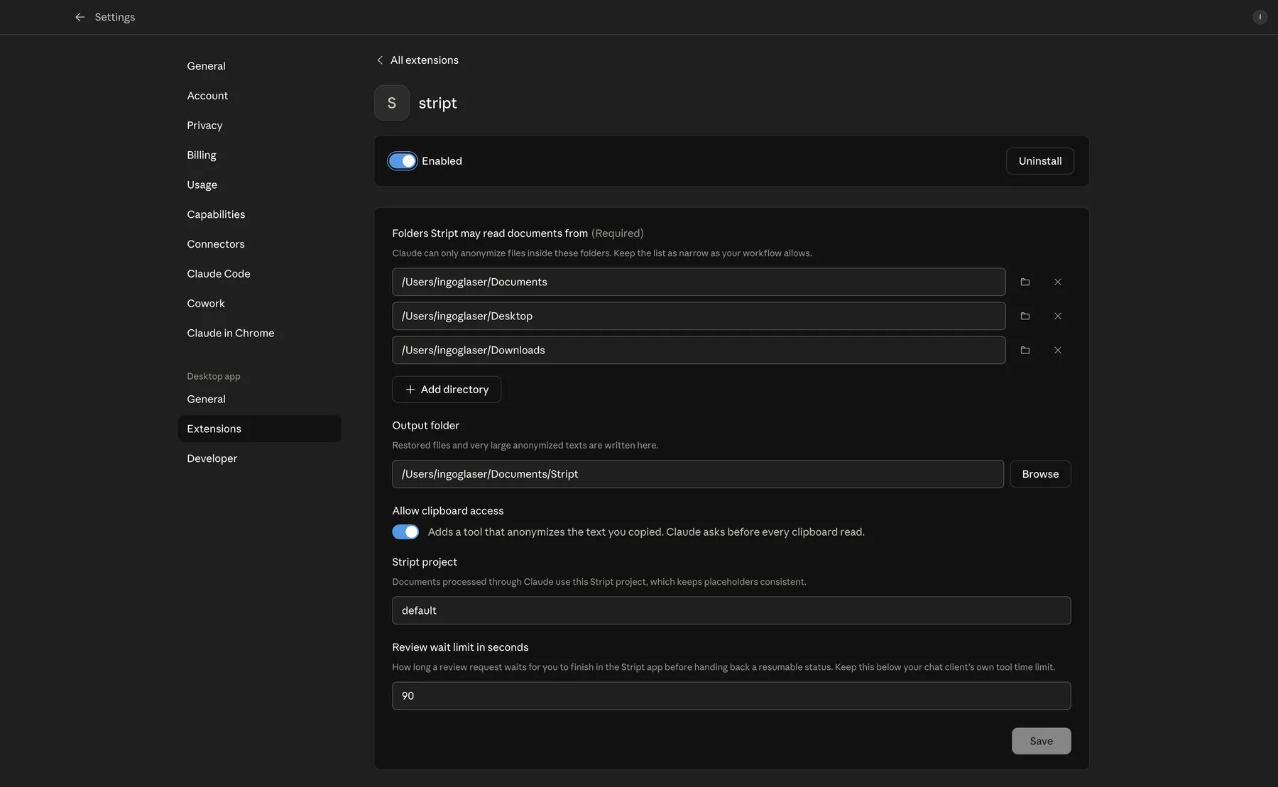 The Stript extension page in Claude Desktop's settings with the list of folders Stript may read documents from, the output folder, the clipboard toggle, and the Stript project