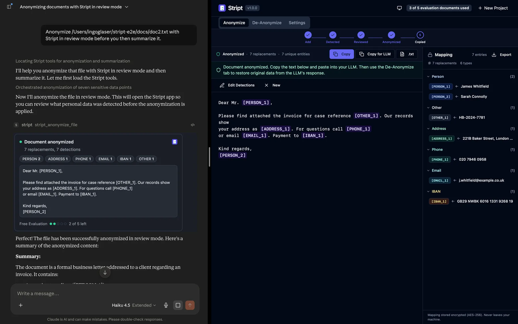 The completed review in Stript with the anonymized document and the mapping panel, next to the Claude chat showing the anonymized result card
