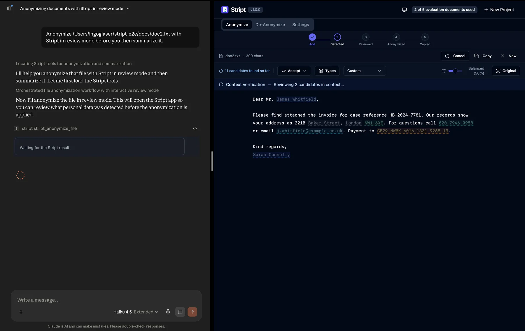 Claude waiting for the Stript result next to the Stript app, which shows the document with detections highlighted during the review