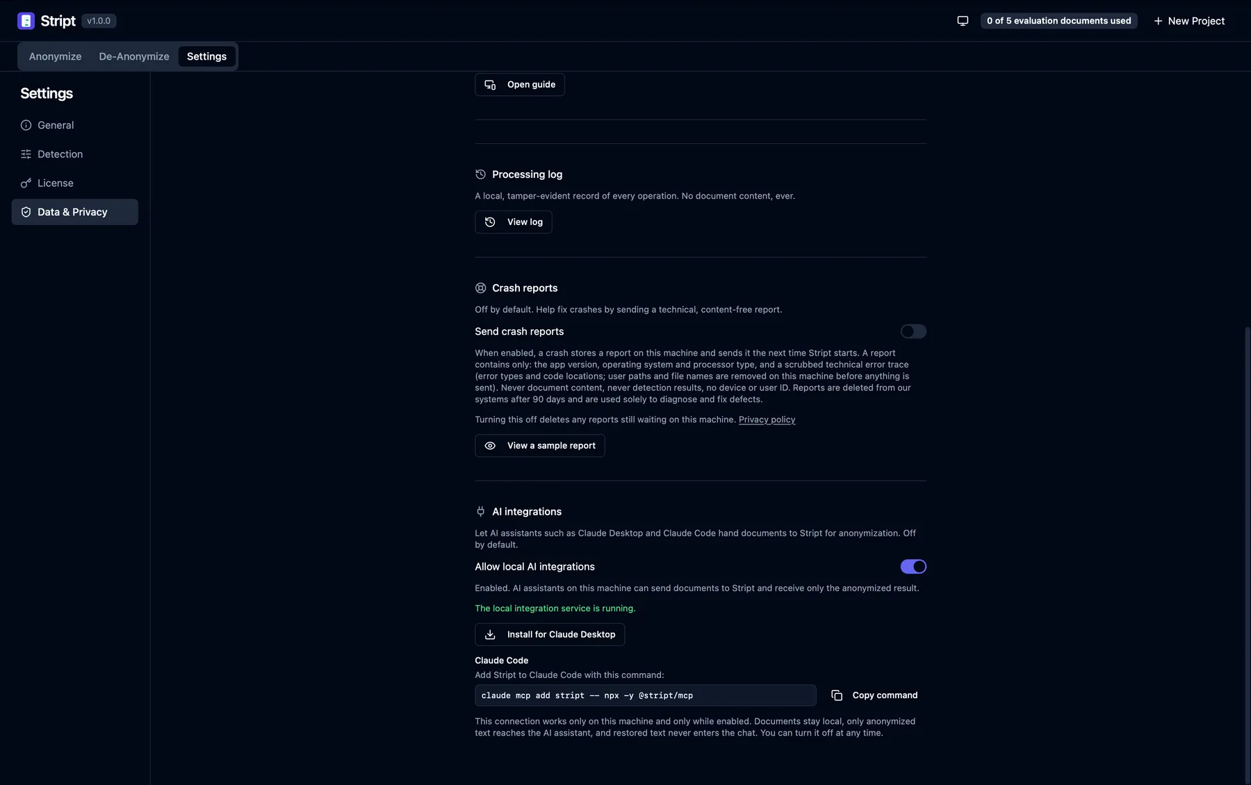 The Stript settings, Data & Privacy, with the AI integrations section: the toggle for local AI integrations turned on, the Install for Claude Desktop button, and the Claude Code command