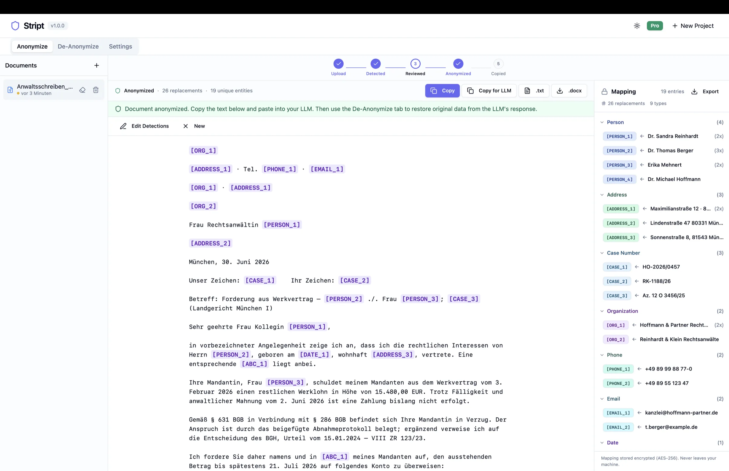 Anonymisierte Ausgabe von Stript mit Platzhaltern und Export-Schaltflächen für .docx und .txt.